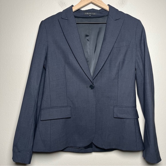 THEORY Women Wool Crepe Blazer 12 Navy Blue‎ One Button Office Business - Picture 1 of 12